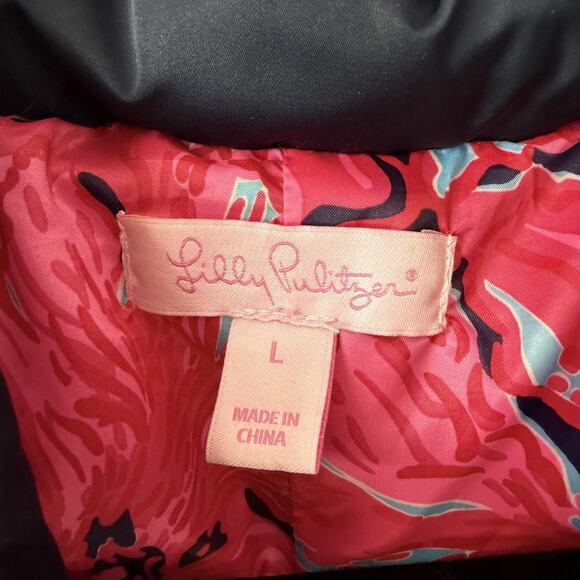 Lilly Pulitzer Vest Womens Large Navy Quilted Puffer Down Pink Print Lining - Picture 5 of 11